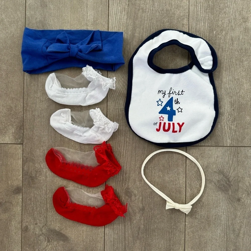 Baby girl first 4th of July accessory lot- bib, socks and headbands